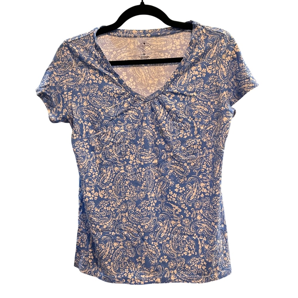 St John's Bay Paisley Print V-Neck T-Shirt Top Blue White Petite Medium PM